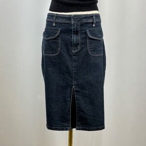 Cotton Ginny Dark Wash Denim Pencil Skirt Midi Front Slit Pockets Size 7